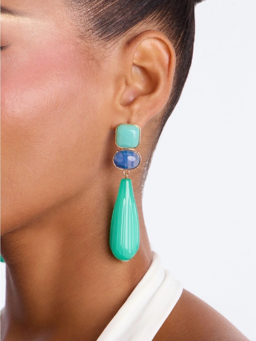 Green and Blue Drop Statement Earrings - Gold Tone